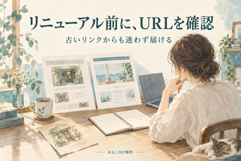 リニューアル前に、URLを確認。古いリンクからも迷わず届ける。はるこHP制作。